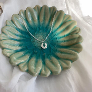 Horseshoe charm anklet on a turquoise flower shaped plate.