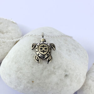 Silver anklet with a charm of an ornate silver turtle with ionised silver detail.